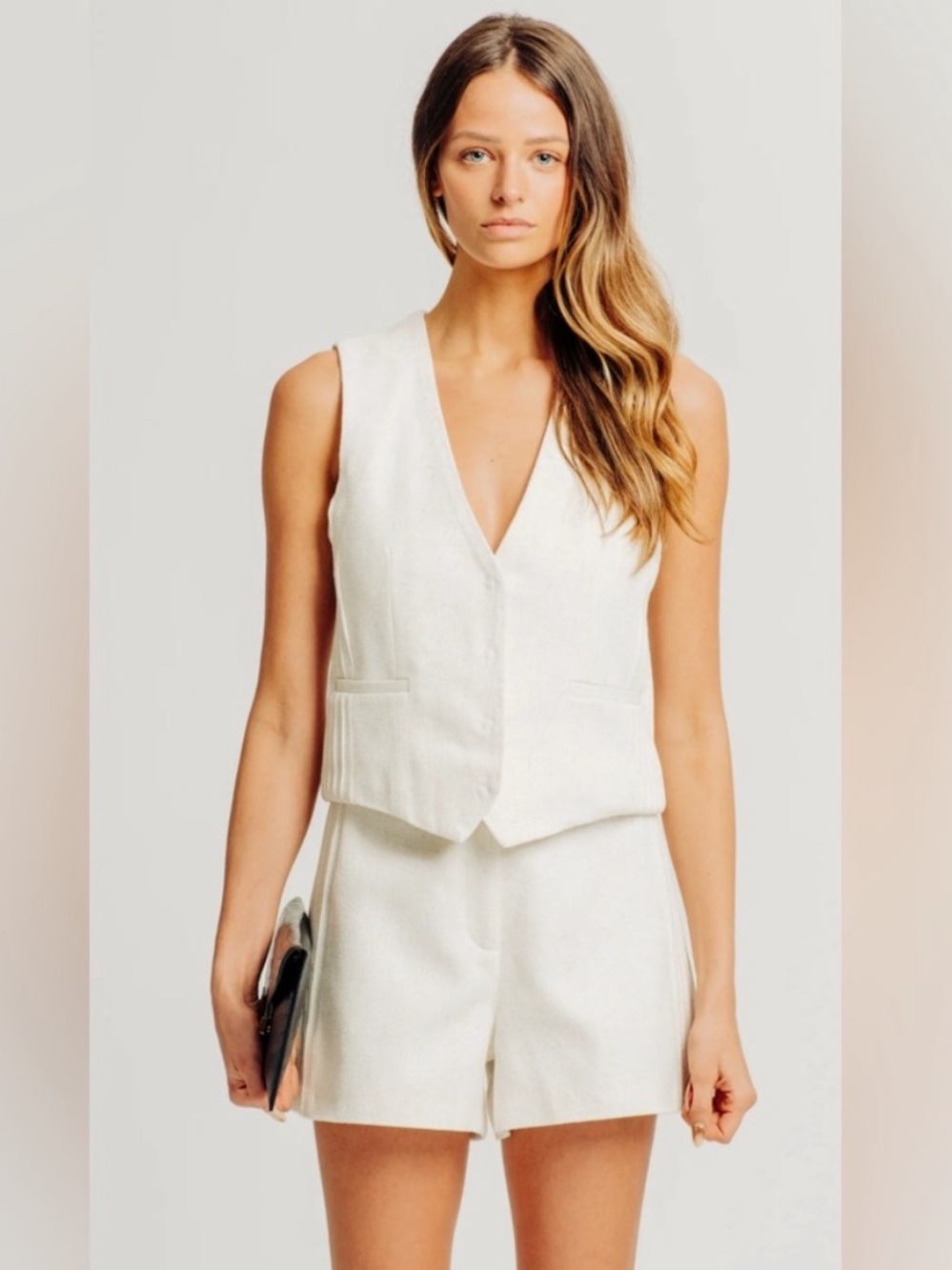 Torn by Ronny Kobo White Tailored Shorts & Vest Set